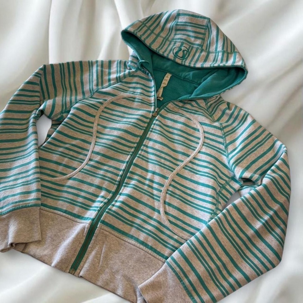 Y2K vintage teal and grey striped Lululemon scuba full zip-up jacket